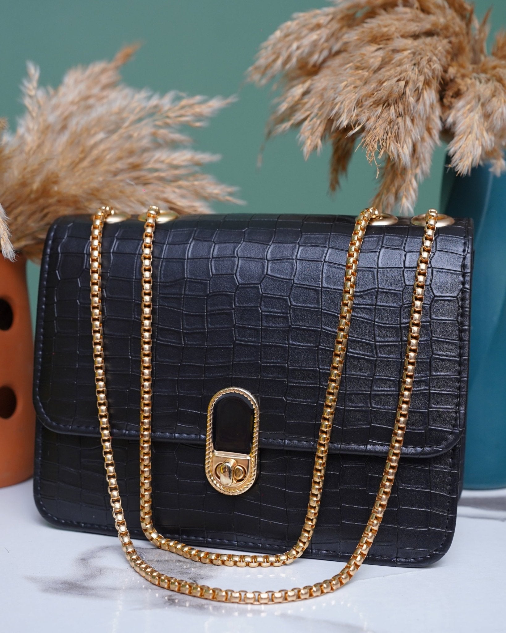 Black Textured Handbag