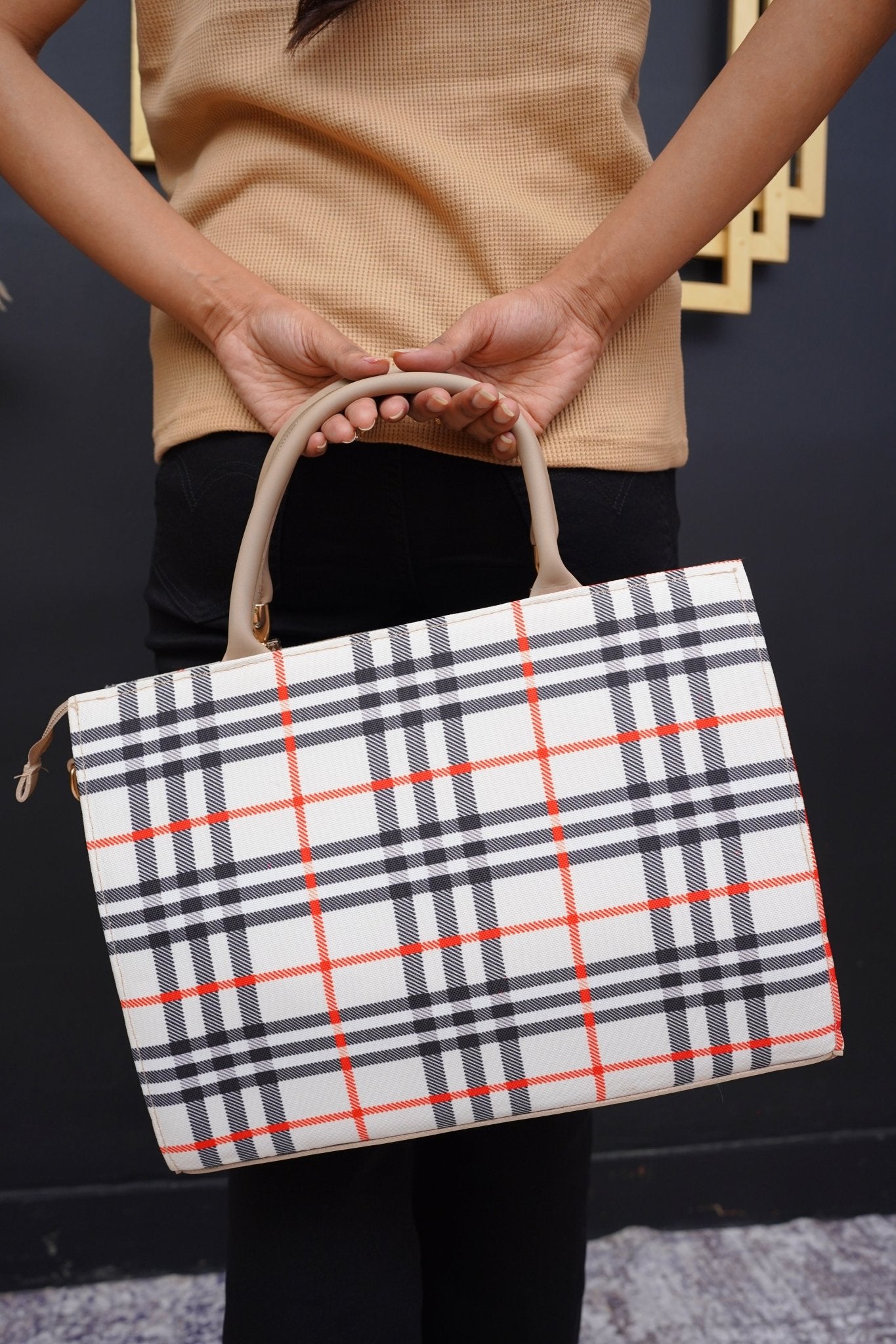 Cream Checkered Tote Bag