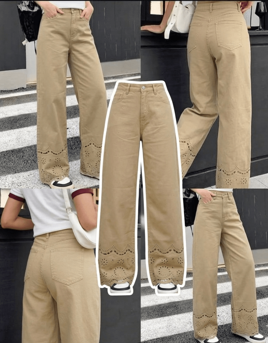 Khaki Embroidered Hem Denim Pants - Toronto Yarn