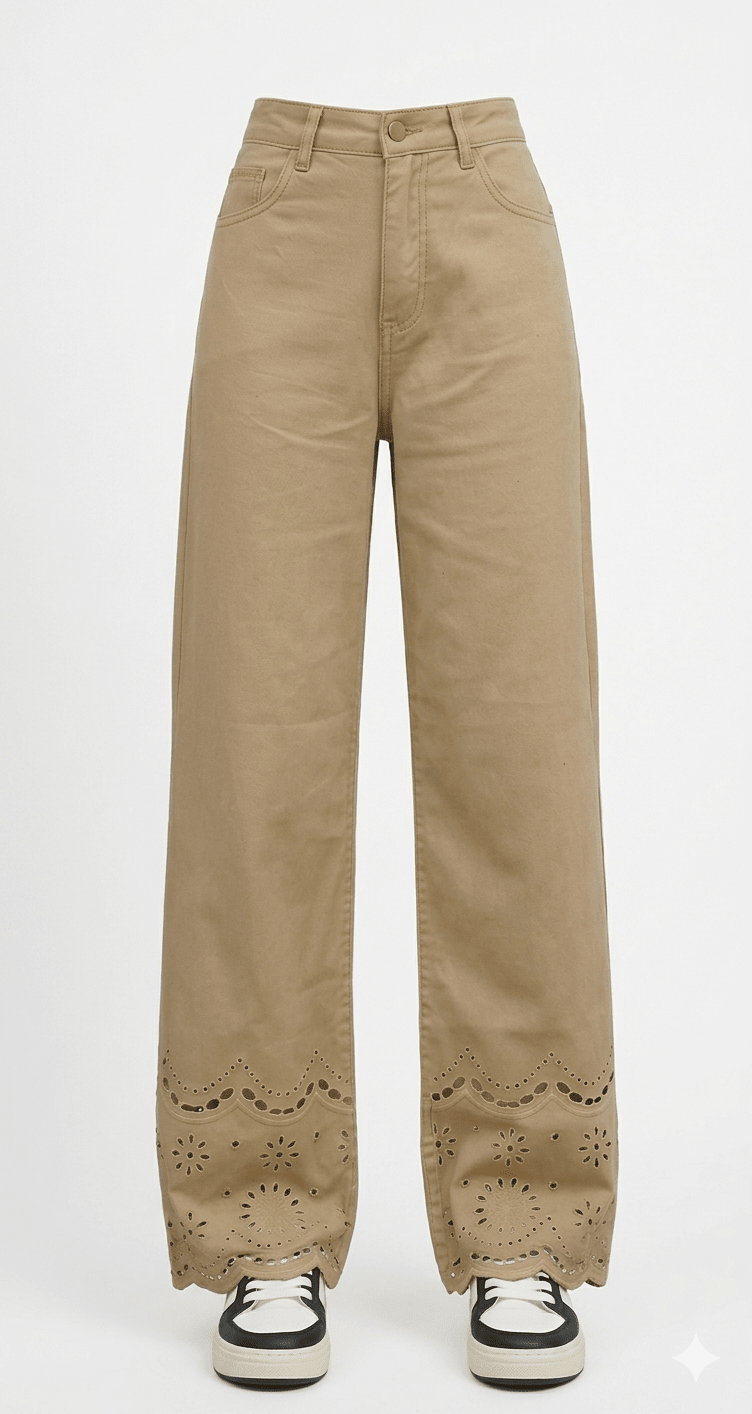 Khaki Embroidered Hem Denim Pants - Toronto Yarn