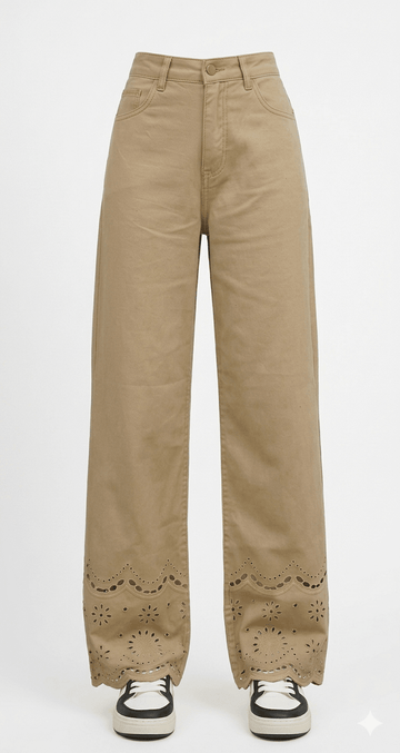 Khaki Embroidered Hem Denim Pants - Toronto Yarn